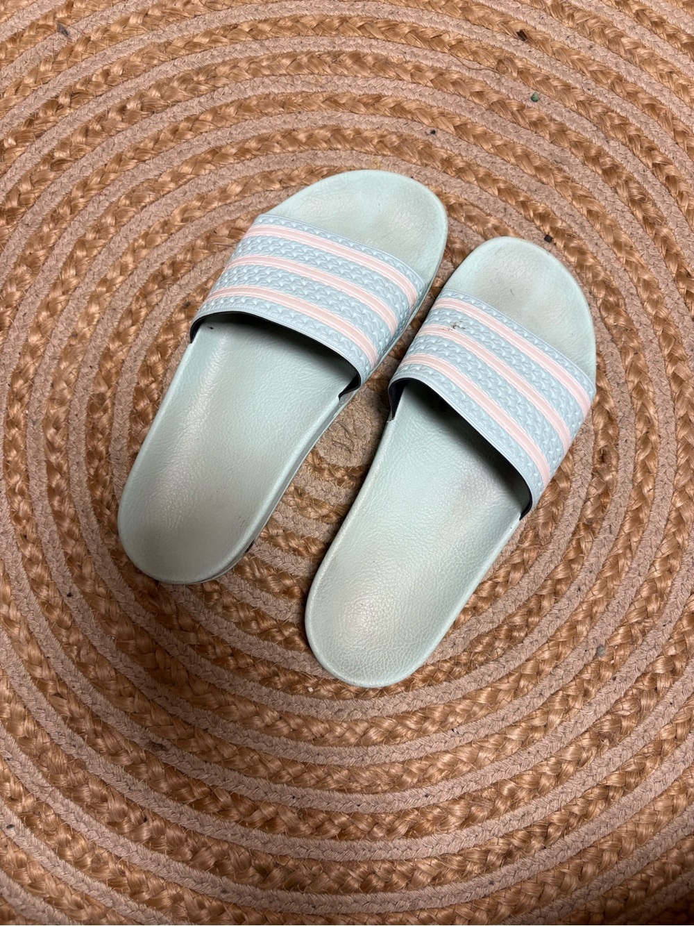 adidas Mint Green Slide Sandals with Pink Stripes